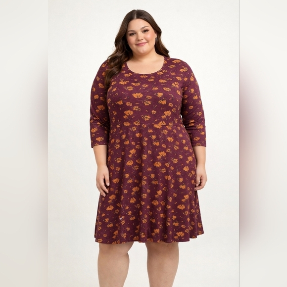 Pact Dresses & Skirts - Pact Floral Dress Organic Cotton Stretch Burgundy Orange XXL Comfort Breathable